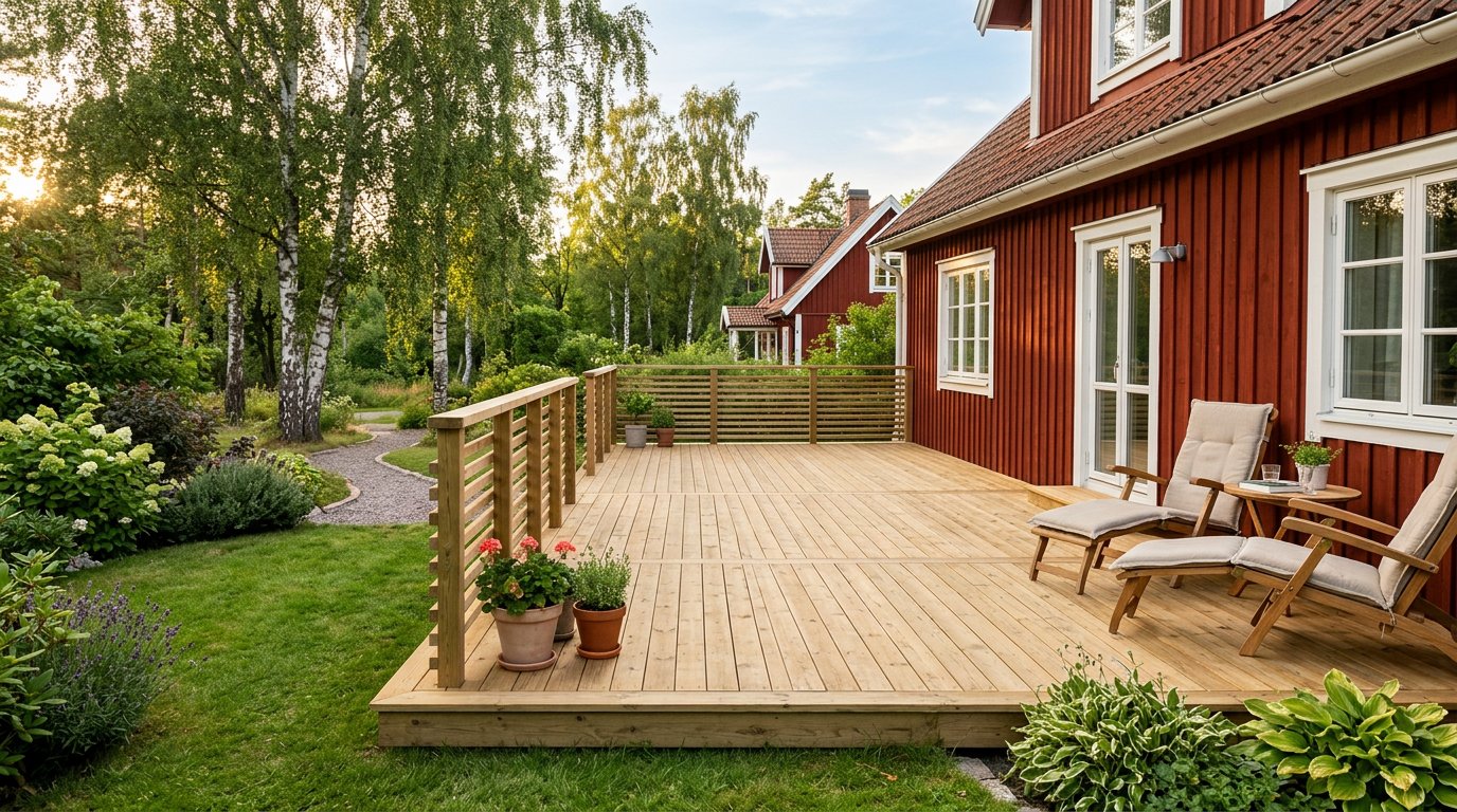 Nybyggd altan i tryckimpregnerat trä vid ett rödmålat hus med vita knutar, sommarkväll.